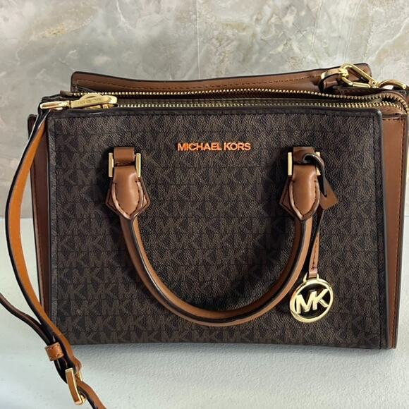 Michael Kors Medium Satchel Crossbody Purse Top Handles Brown Leather Gold Hope - Picture 2 of 10